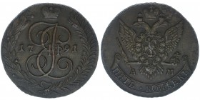 Rußland Katharina II. 

5 Kopeken 1791 AM
Kupfer, 53.25 Gramm, vz+