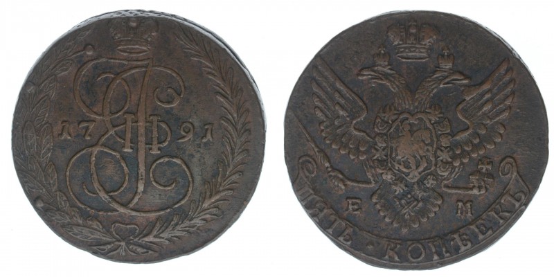 Rußland Katharina II. 
5 Kopeken 1791 EM
Kupfer, 58.82 Gramm, ss/vz