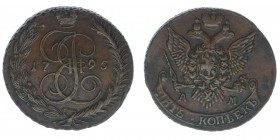 Rußland Katharina II.

5 Kopeken 1795 AM
Kupfer, 52.04 Gramm, vz