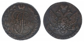 Rußland Katharina II.

5 Kopeken 1796 EM
Kupfer, 50.05 Gramm, vz