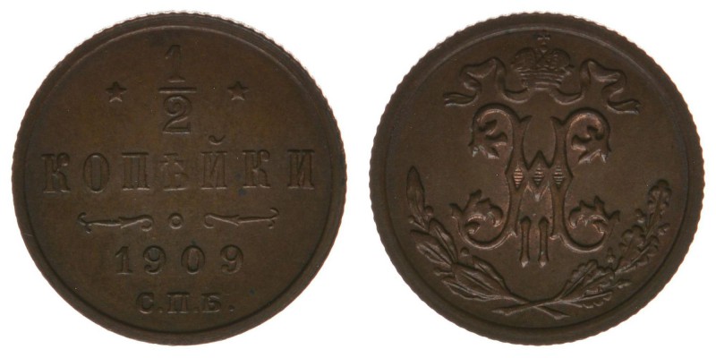 Rußland Nikolaus II.
1/2 Kopeke 1909
Kupfer, 1,63 Gramm, vz