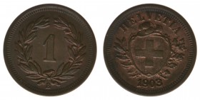 Schweiz Eidgenossenschaft

1 Rappen 1903
Kupfer, 1.45 Gramm, -vz