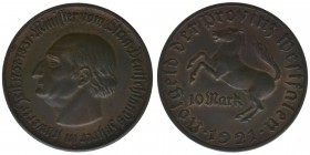 NOTGELD der Provinz Westfalen
10 Mark 1921
Kupfer, 40mm, 19,11 Gramm, ss+