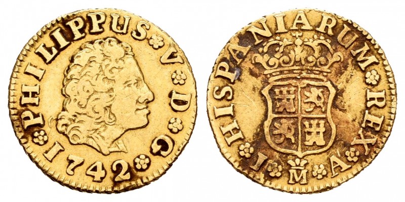 Felipe V (1700-1746). 1/2 escudo. 1742. Madrid. JA. (Cal-572). Au. 1,79 g. MBC-....