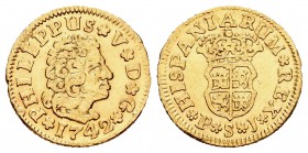 Felipe V (1700-1746). 1/2 escudo. 1742. Sevilla. PJ. (Cal-582). Au. 1,72 g. Estuvo en aro. MBC-. Est...100,00.