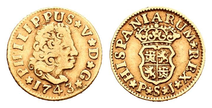 Felipe V (1700-1746). 1/2 escudo. 1743. Sevilla. PJ. (Cal-584). Au. 1,74 g. MBC-...