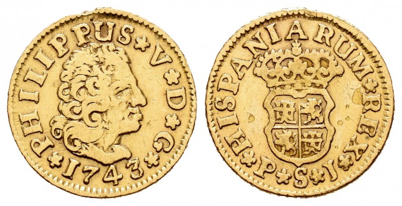 Felipe V (1700-1746). 1/2 escudo. 1743. Sevilla. PJ. (Cal-584). Au. 1,72 g. Rest...