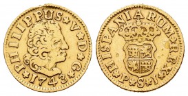 Felipe V (1700-1746). 1/2 escudo. 1743. Sevilla. PJ. (Cal-584). Au. 1,72 g. Resto de soldadura en el canto. MBC-. Est...80,00.