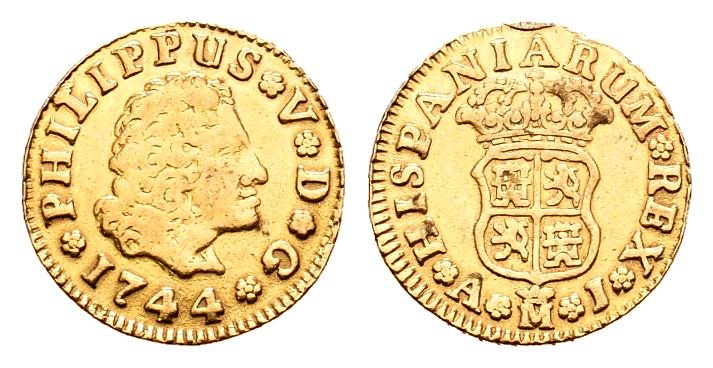 Felipe V (1700-1746). 1/2 escudos. 1744. Madrid. AJ. (Cal-575). Au. 1,76 g. Estu...