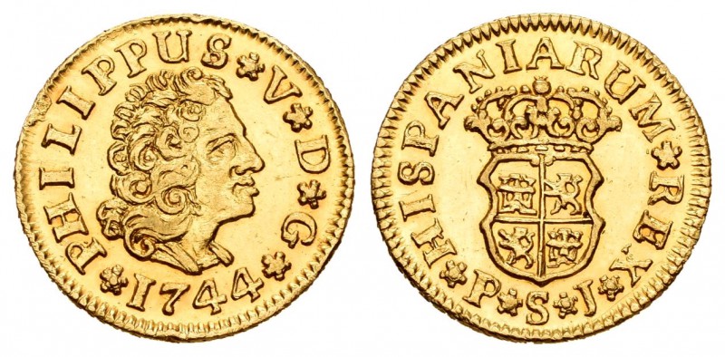 Felipe V (1700-1746). 1/2 escudo. 1744. Sevilla. PJ. (Cal-587). Au. 1,80 g. Estu...