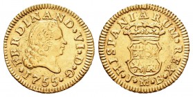 Fernando VI (1746-1759). 1/2 escudo. 1755. Madrid. JB. (Cal-252). Au. 1,45 g. Canto expertamente reparado a las 12h. MBC+. Est...90,00.