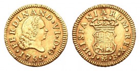 Fernando VI (1746-1759). 1/2 escudo. 1755. Madrid. JB. (Cal-253). Au. 1,36 g. Resto de soldadura a las 12h, aun así buen ejemplar. MBC+. Est...120,00....