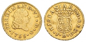 Fernando VI (1746-1759). 1/2 escudo. 1755. Madrid. JB. (Cal-252). Au. 1,76 g. Golpe en el canto. MBC. Est...100,00.