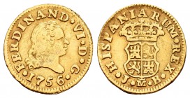 Fernando VI (1746-1759). 1/2 escudo. 1756. Madrid. JB. (Cal-253). Au. 1,34 g. Estuvo en aro. MBC-. Est...100,00.