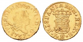 Fernando VI (1746-1759). 1/2 escudo. 1757. Madrid. JB. (Cal-255). Au. 1,72 g. Canto reparado. Fue utilizada como joya. BC/BC+. Est...75,00.