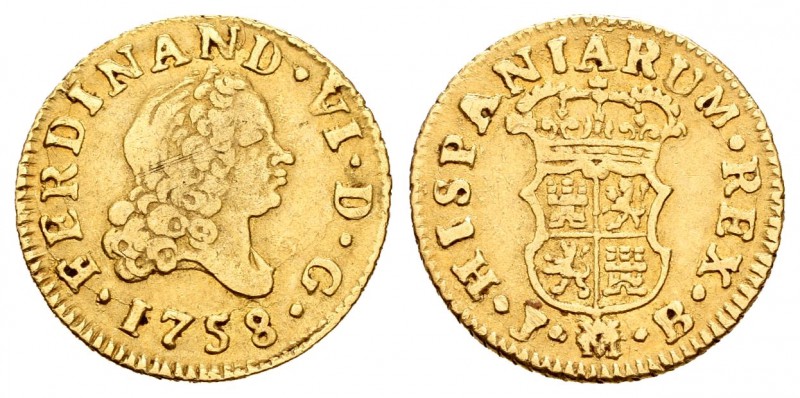 Fernando VI (1746-1759). 1/2 escudo. 1758. Madrid. JB. (Cal-256). Au. 1,77 g. MB...