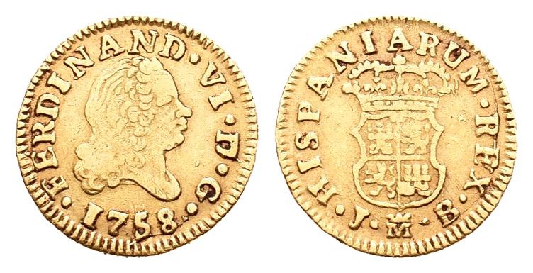 Fernando VI (1746-1759). 1/2 escudo. 1758. Madrid. JB. (Cal-256). Au. 1,73 g. MB...