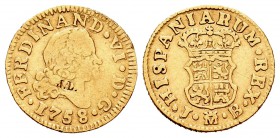 Fernando VI (1746-1759). 1/2 escudo. 1758. Madrid. JB. (Cal-256). Au. 1,72 g. Resello privado JL en anverso. BC+/MBC-. Est...90,00.