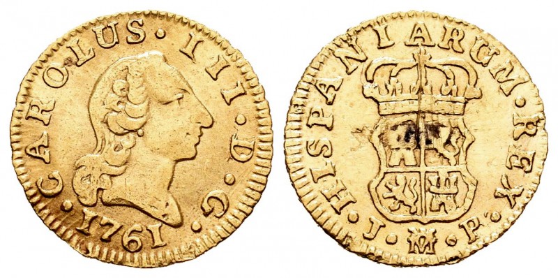 Carlos III (1759-1788). 1/2 escudo. 1761. Madrid. JP. (Cal-754). Au. 1,62 g. Sol...