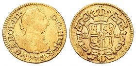 Carlos III (1759-1788). 1/2 escudo. 1773. Madrid. PJ. (Cal-767). Au. 1,39 g.  Canto liso a las 12h. BC/BC+. Est...90,00.