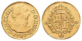 Carlos III (1759-1788). 1/2 escudo. 1787. Madrid. DV. (Cal-779). Au. 1,73 g. Estuvo en aro. MBC. Est...80,00.