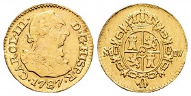 Carlos III (1759-1788). 1/2 escudo. 1787. Madrid. DV. (Cal-779). Au. 1,71 g. Estuvo en aro. MBC. Est...90,00.