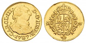 Carlos III (1759-1788). 1/2 escdudo. 1787. Madrid. DV. (Cal-779). Au. 1,75 g. Estuvo en aro. BC+. Est...85,00.