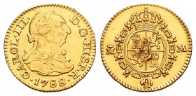 Carlos III (1759-1788). 1/2 escudo. 1788. Madrid. M. (Cal-781). Au. 1,73 g.  Restos de soldadura en reverso. MBC-. Est...80,00.