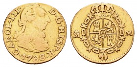 Carlos III (1759-1788). 1/2 escudo. 1788. Madrid. M. (Cal-781). Au. 1,69 g. Estuvo en aro. BC/BC+. Est...75,00.