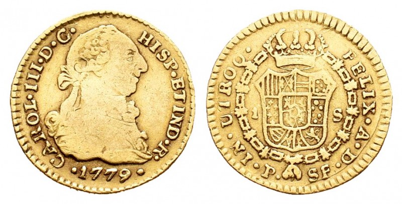 Carlos III (1759-1788). 1 escudo. 1779. Popayán. SF. (Cal-678). Au. 3,30 g. Golp...