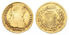 Carlos III (1759-1788). 1 escudo. 1779. Popayán. SF. (Cal-678). Au. 3,30 g. Golpecito en anverso. Escasa. BC+/MBC-. Est...120,00.