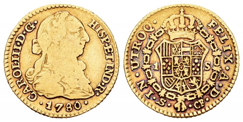 Carlos III (1759-1788). 1 escudo. 1780. Sevilla. CF. (Cal-746). Au. 3,30 g. BC/B...