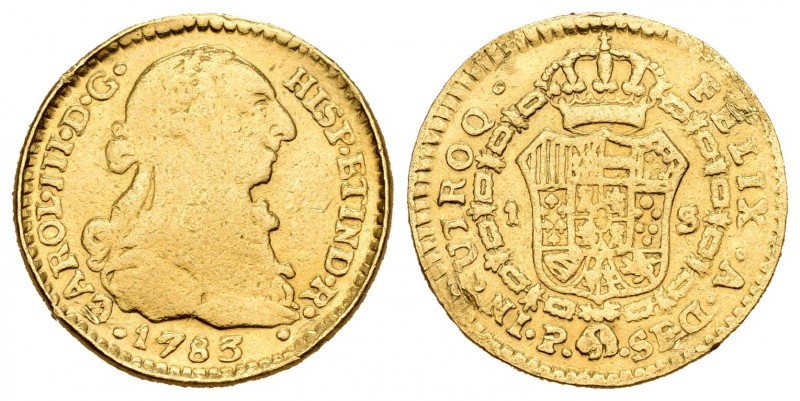 Carlos III (1759-1788). 1 escudo. 1785. Popayán. SF. (Cal-684). Au. 3,36 g. Estu...