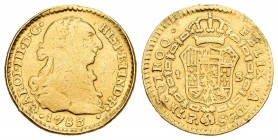 Carlos III (1759-1788). 1 escudo. 1785. Popayán. SF. (Cal-684). Au. 3,36 g. Estuvo en aro. BC. Est...70,00.