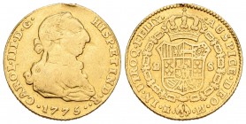 Carlos III (1759-1788). 2 escudos. 1775. Madrid. PJ. (Cal-448). Au. 6,66 g. Resto de soldadura en el canto. BC/BC+. Est...200,00.