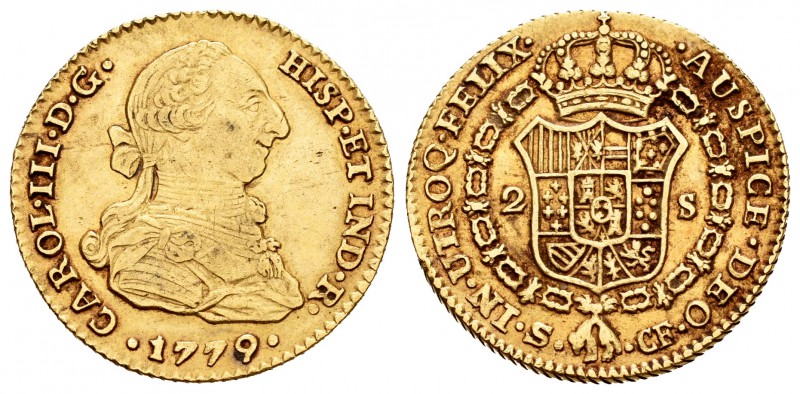 Carlos III (1759-1788). 2 escudos. 1779. Sevilla. CF. (Cal-580). Au. 6,75 g.  Es...