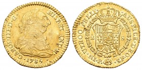 Carlos III (1759-1788). 2 escudos. 1785. Popayán. SF. (Cal-515). Au. 6,72 g. Golpes. MBC. Est...210,00.
