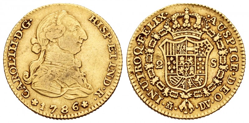 Carlos III (1759-1788). 2 escudos. 1786/4. Madrid. DV. (Cal-457 var). Au. 6,68 g...