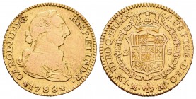Carlos III (1759-1788). 2 escudos. 1788. Madrid. M. (Cal-459). 6,71 g. Pequeña prueba en canto. Fue utilizada como joya. BC+/MBC-. Est...200,00.