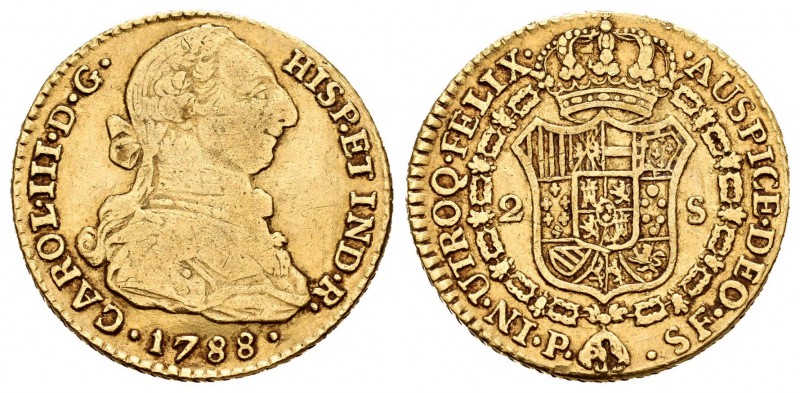 Carlos III (1759-1788). 2 escudos. 1788. Popayán. SF. (Cal-518). Au. 6,23 g. Esc...