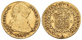 Carlos III (1759-1788). 2 escudos. 1788. Popayán. SF. (Cal-518). Au. 6,23 g. Escasa. BC+/MBC-. Est...220,00.