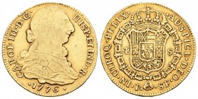 Carlos III (1759-1788). 4 escudos. 1776. Popayán. SF. (Cal-353). Au. 13,43 g. Golpecitos en el canto. Escasa. BC+/MBC-. Est...500,00.