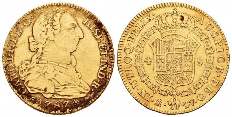 Carlos III (1759-1788). 4 escudos. 1787. Madrid. DV. (Cal-313). Au. 13,39 g. BC+...