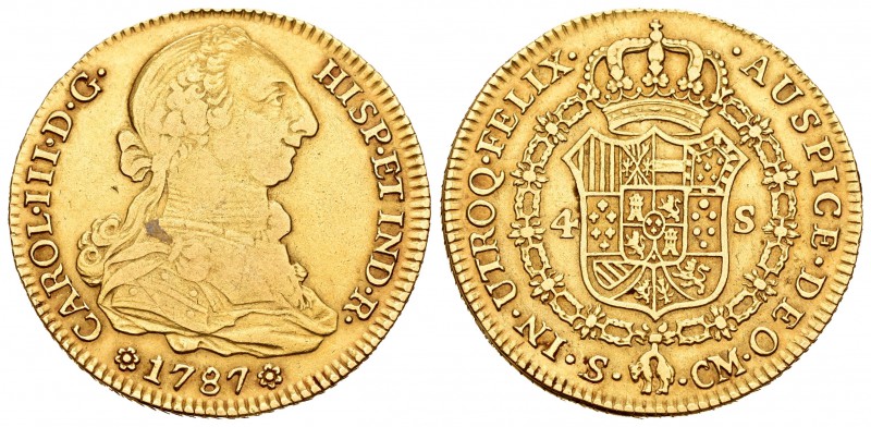 Carlos III (1759-1788). 4 escudos. 1787. Sevilla. CM. (Cal-411). Au. 13,38 g. BC...