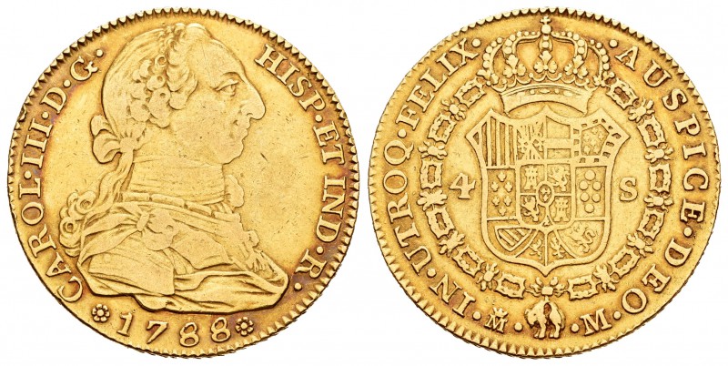 Carlos III (1759-1788). 4 escudos. 1788. Madrid. M. (Cal-315). Au. 13,48 g. BC+/...