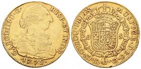 Carlos III (1759-1788). 8 escudos. 1772. Santa Fe de Nuevo Reino. VJ. (Cal-174). (Cal onza-865). Au. 26,96 g. Sin punto después de R. Golpes en el can...