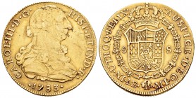 Carlos III (1759-1788). 8 escudos. 1783. Lima. MI. (Cal-40). (Cal onza-708). Au. 26,92 g. Hojas en anverso. BC/MBC-. Est...900,00.