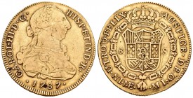 Carlos III (1759-1788). 8 escudos. 1787. Lima. MI. (Cal-46). (Cal onza-714). Au. 26,90 g. Hojita en fecha. MBC. Est...900,00.