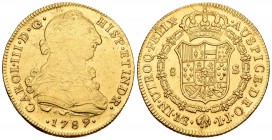 Carlos III (1759-1788). 8 escudos. 1789. Lima. IJ. (Cal-49). (Cal onza-718). Au. 27,00 g. Fue utilizada como joya. MBC/MBC+. Est...900,00.