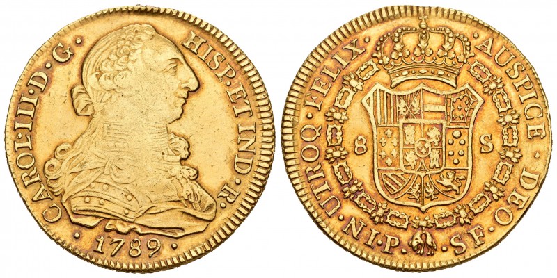 Carlos III (1759-1788). 8 escudos. 1789. Popayán. SF. (Cal-143). (Cal onza-826)....